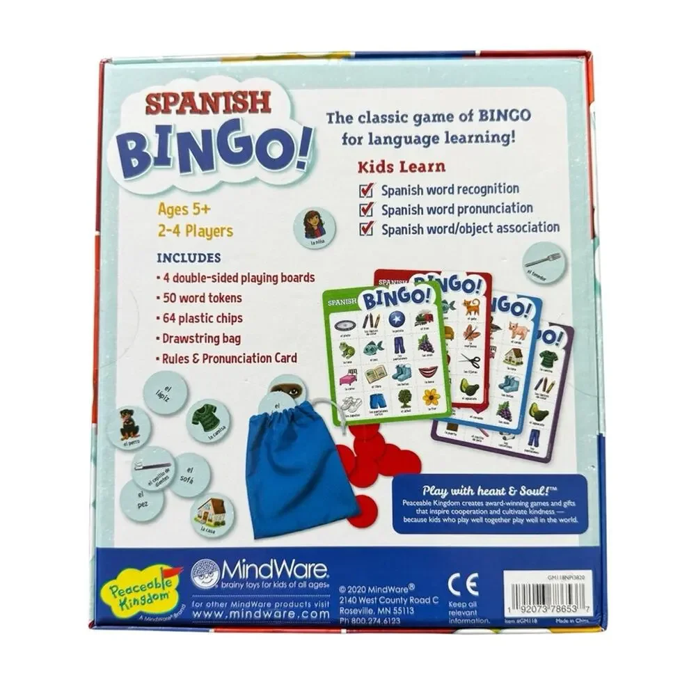 New Spanish Bingo Game By Peaceable Kingdom Language Skills Ages 5+ 2-4 Players